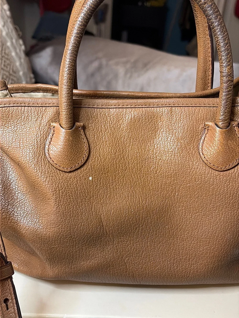 Leather Lauren Ralph Lauren, Satchel Handbag in Cognac Tan with Detachable Strap